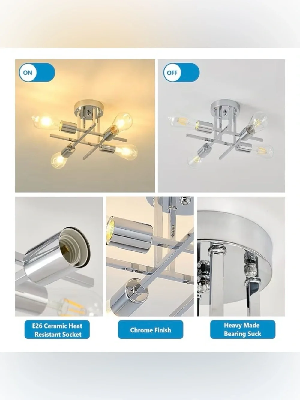Chrome Semi Flush Mount Ceiling Lights, SILVER, 1 Pack, New